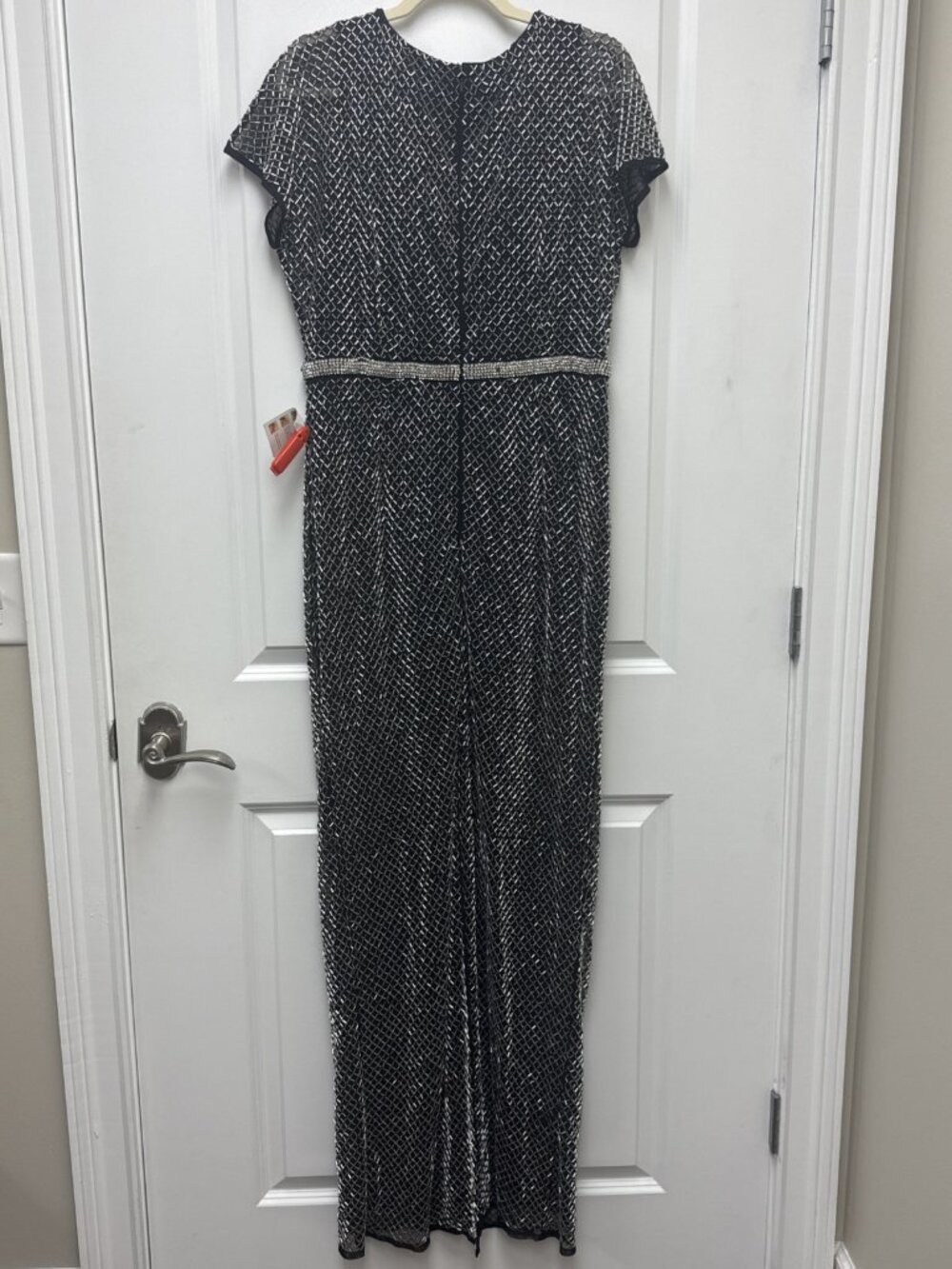 Mac Duggal Size 12 Black Silver Beaded Short Sleeve Cocktail Formal Dress Flaw - Picture 5 of 11